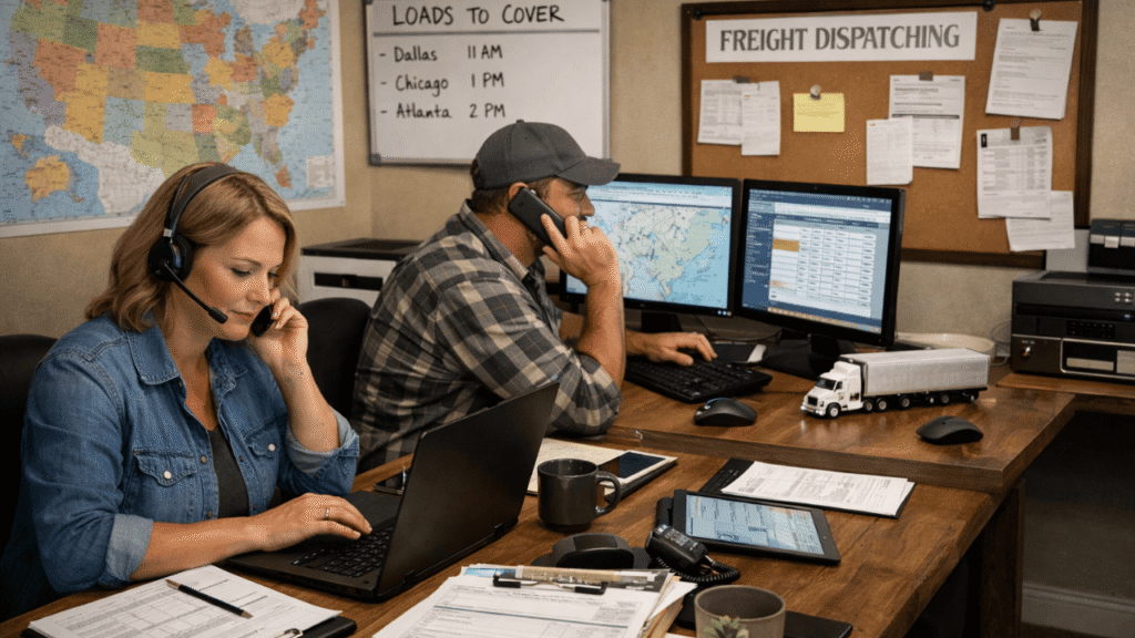 A realistic home-office photo of a couple running a truck dispatching business from home. The woman works on a laptop while speaking through a headset, and the man talks on the phone while monitoring route and load information on dual screens. The desk is covered with paperwork, a tablet, and office supplies, with a toy semi-truck, a U.S. map, and a freight dispatching board reinforcing the trucking logistics setting.