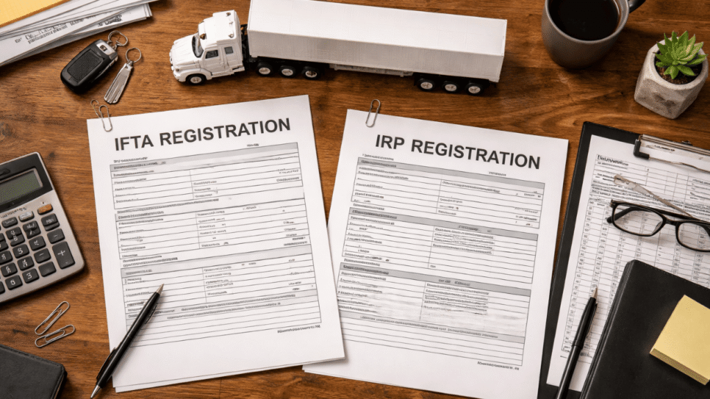 An overhead view of a wooden desk arranged with trucking company paperwork, including forms labeled “IFTA and IRP Registration.” A white toy semi-truck sits above the documents, surrounded by office items like a calculator, keys, pens, clipboard, coffee mug, and small plant, emphasizing a trucking business and registration setup.