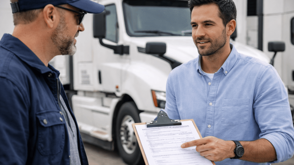 Safety compliance setup image showing a fleet manager explaining safety procedures to a truck driver while holding compliance documents beside a commercial truck.