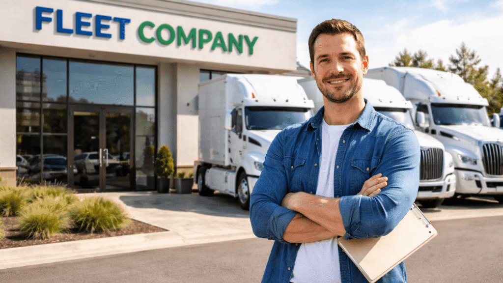 Trucking startup costs image showing a new fleet business owner standing confidently outside his company with multiple trucks lined up, representing the investment and initial costs of starting a trucking company.
