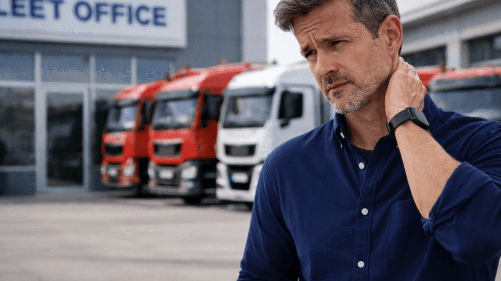 Trucking startup mistakes image showing a concerned fleet manager standing outside a fleet office, reviewing paperwork with trucks lined up behind him, highlighting challenges and early business errors.