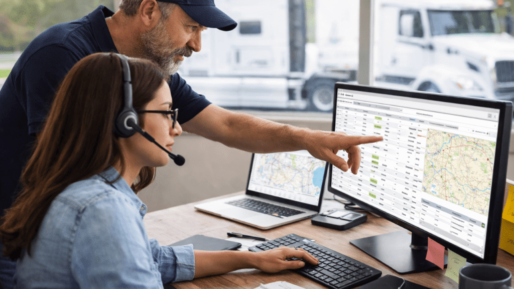 Truck dispatcher training session with an experienced driver guiding a new dispatcher at a computer, reviewing load board data, routes, and dispatch tools in a modern office.