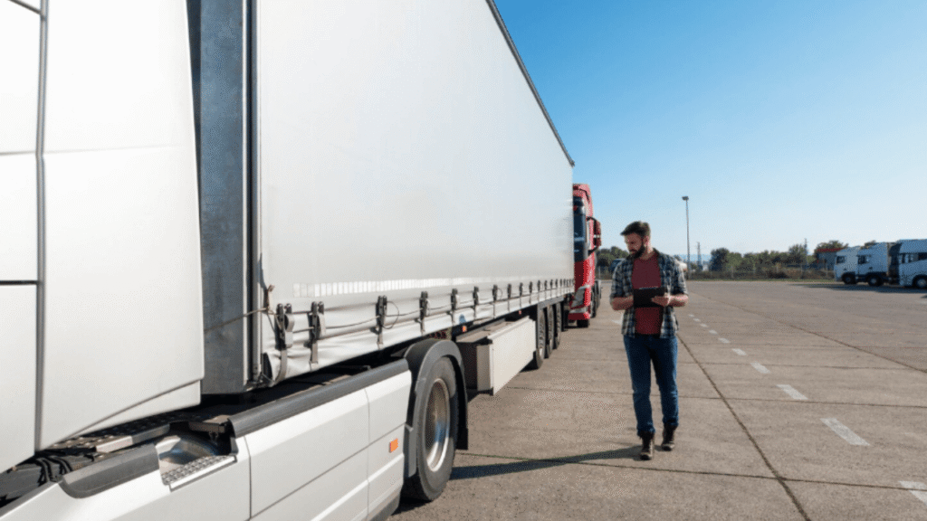 Trucking business licenses: truck driver inspecting a semi-trailer with a clipboard in a parking lot.