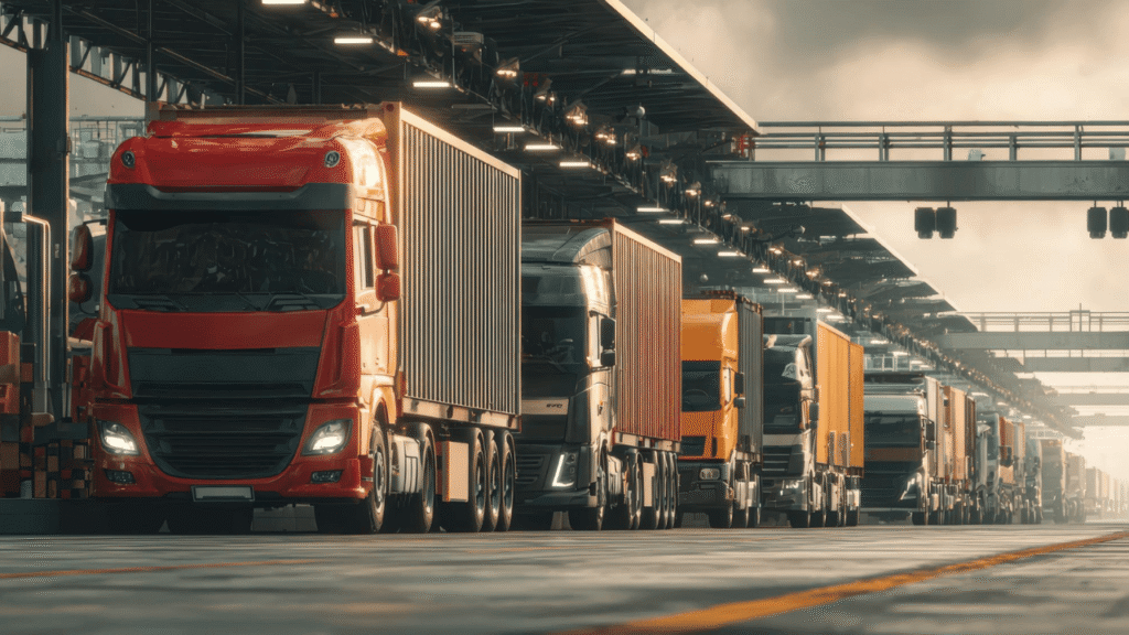 A line of cargo trucks parked at a large transport terminal, emphasizing how to start a trucking company in Canada and USA