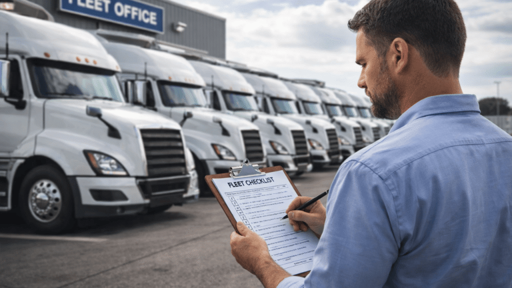 Trucking company setup checklist: fleet manager reviewing a clipboard in front of lined semi-trucks outside a fleet office.