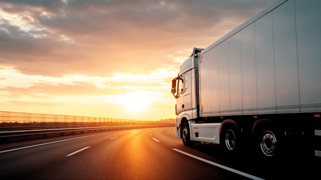 A large semi-truck driving on a highway at sunset, representing trucking compliance services and safe, organized fleet operations in Canada and the USA.