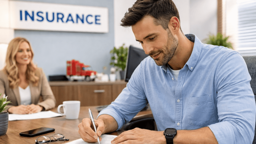 Trucking insurance approval image showing a fleet manager completing insurance paperwork at an office desk while working with an agent to finalize coverage and approval documents.