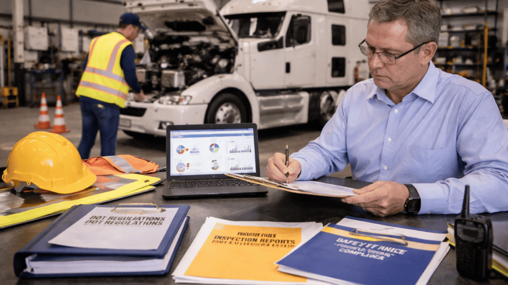 Fleet manager reviewing documents in a truck maintenance facility while a driver inspects a semi-truck, showing trucking safety and compliance setup in action.