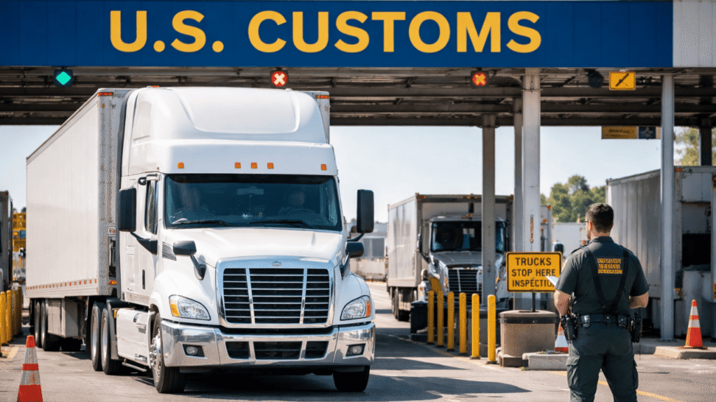 A realistic 16:9 image of a fleet truck passing through a U.S. customs inspection checkpoint, with a customs officer monitoring the process, representing CTPAT certification and secure cross-border compliance.