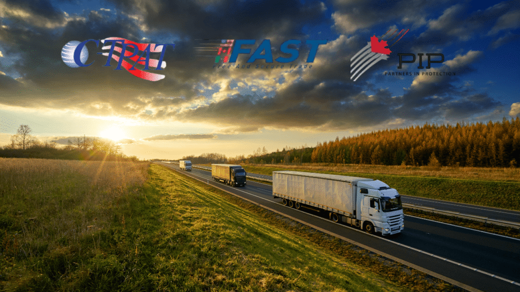 Trucks traveling on a highway with the logos of CTPAT vs FAST vs PIP overlaid in the sky, symbolizing the comparison of cross-border security programs for trucking companies.