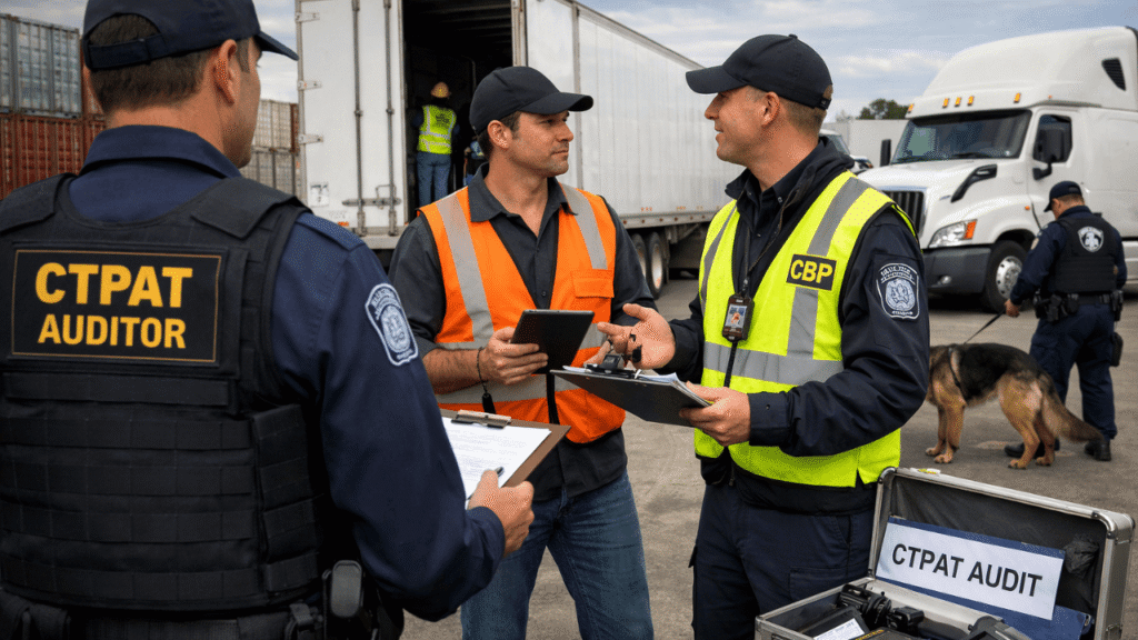 CTPAT audit in progress at a commercial trucking yard, with fleet staff and security inspectors reviewing documents beside a semi-truck trailer.