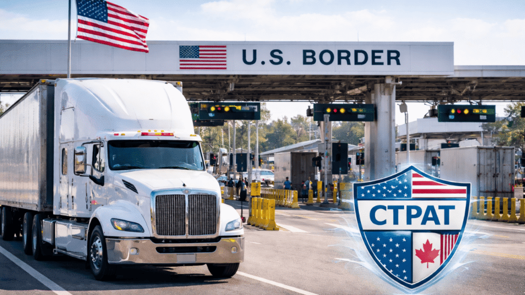 White semi-truck crossing a U.S. border checkpoint with American flags flying, showcasing CTPAT benefits for cross-border trucking companies, including faster clearance and reduced inspections