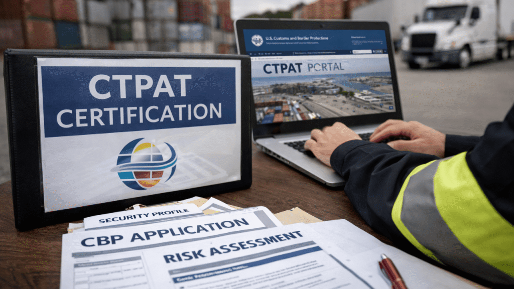 CTPAT certification guide image showing a logistics professional reviewing application documents and a security profile on a laptop beside trucks and shipping containers.
