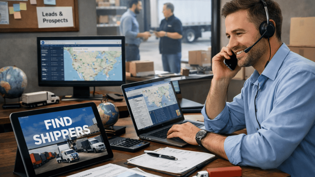 Freight brokers find shippers and close deals while working in a modern logistics office, using phone calls, digital maps, load management tools, and sales conversations to coordinate freight opportunities.