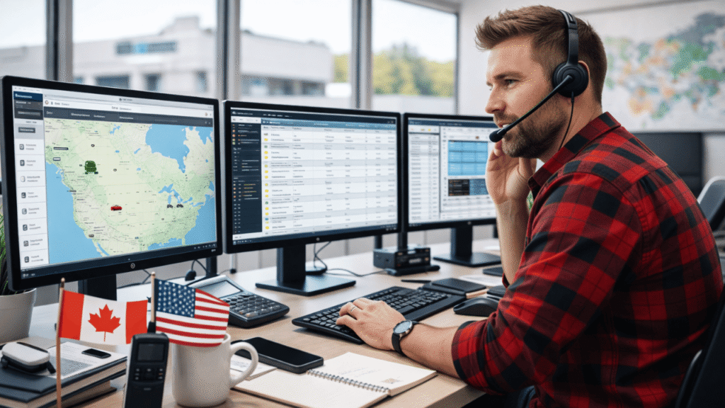Canadian truck dispatcher working at a multi-screen desk with Canada and USA flags beside him, representing a truck dispatcher guide in Canada and USA.