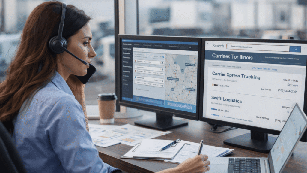 Find dispatcher carriers concept showing a professional dispatcher wearing a headset, working on dual monitors with carrier lists and maps, while taking notes and managing trucking operations in a modern office setting.