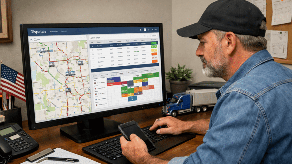 Truck driver in a home office using dispatch software on a large desktop monitor, reviewing routes and load schedules while holding a smartphone at his desk.