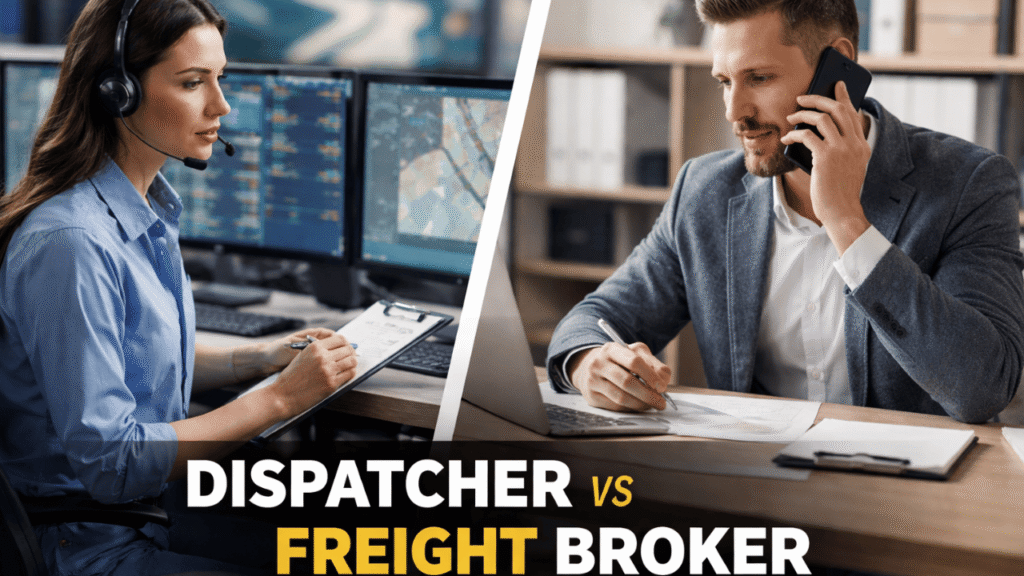 Dispatcher vs freight broker comparison image showing a split-screen: on the left, a dispatcher wearing a headset managing multiple monitors in a busy logistics office, and on the right, a freight broker in a modern office talking on the phone while working on a laptop, highlighting the contrast between operations and sales roles in the trucking industry.