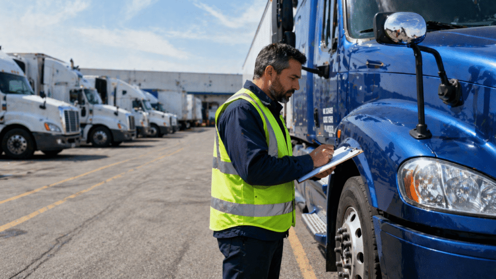 A fleet manager stands outside in a truck yard inspecting a semi-truck with a clipboard, representing the operational side of a freight brokerage business and the hands-on work involved in managing carriers, equipment, and freight movement.