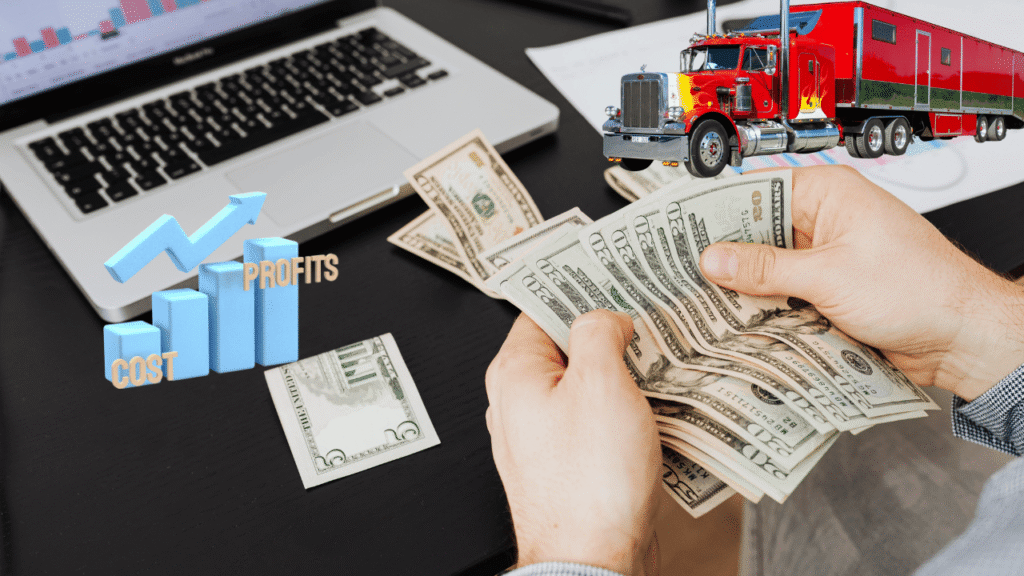 Hands counting cash beside a laptop with charts, a truck graphic, and a cost-versus-profit icon, illustrating freight broker startup costs and profit potential.