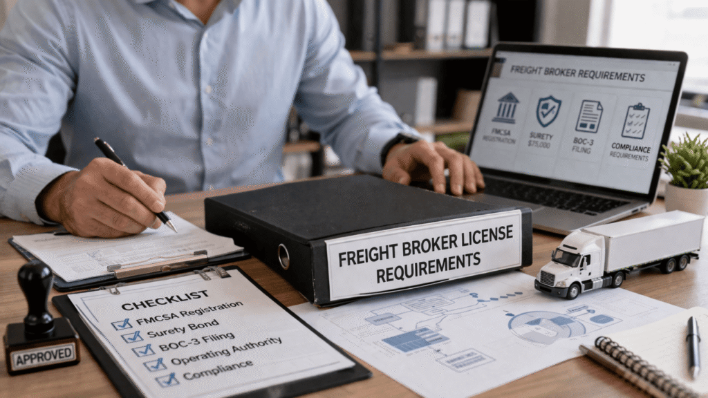 Realistic office desk scene showing freight broker license requirements, including a binder labeled freight broker license requirements, a compliance checklist, a laptop with FMCSA registration and BOC-3 filing details, and a model semi-truck.