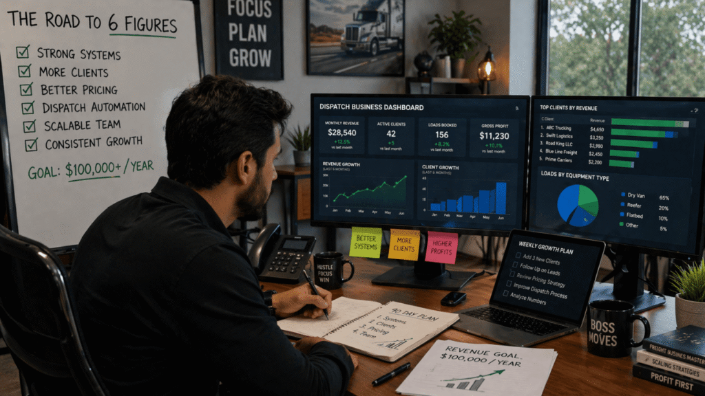 A business owner reviews growth dashboards, client metrics, and revenue goals in a modern office, illustrating how to scale a dispatching business through better systems, pricing, automation, and steady client growth.
